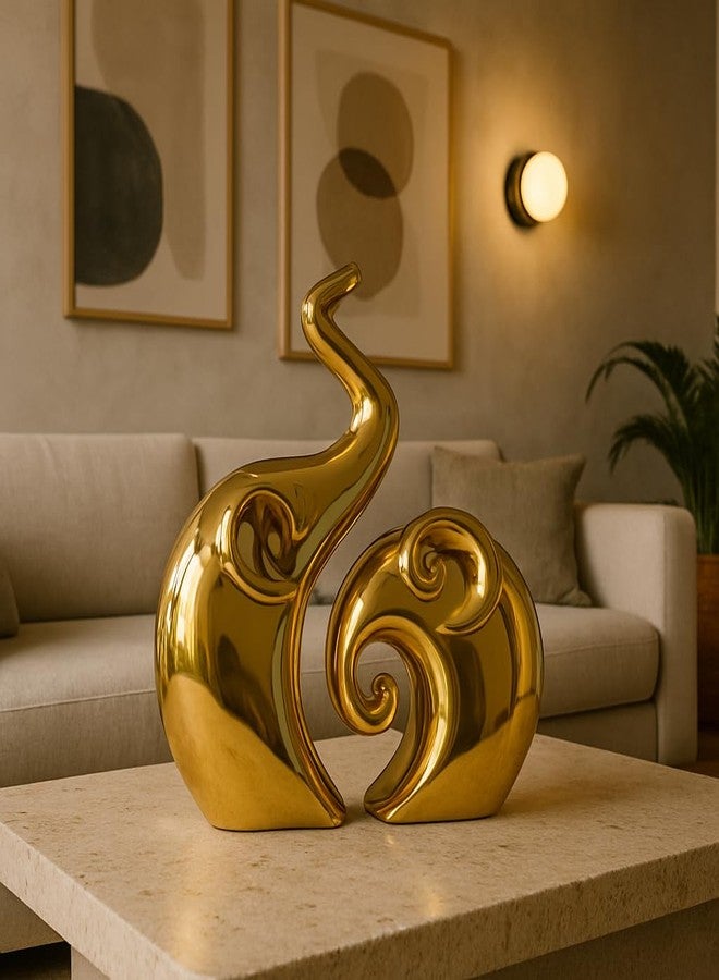 LADROX Lavish Home Decor Golden Elephant Couple Figurine | Piano Finish Ceramic Figures - (Set of 2 Piece, Gold), Love - Image 2